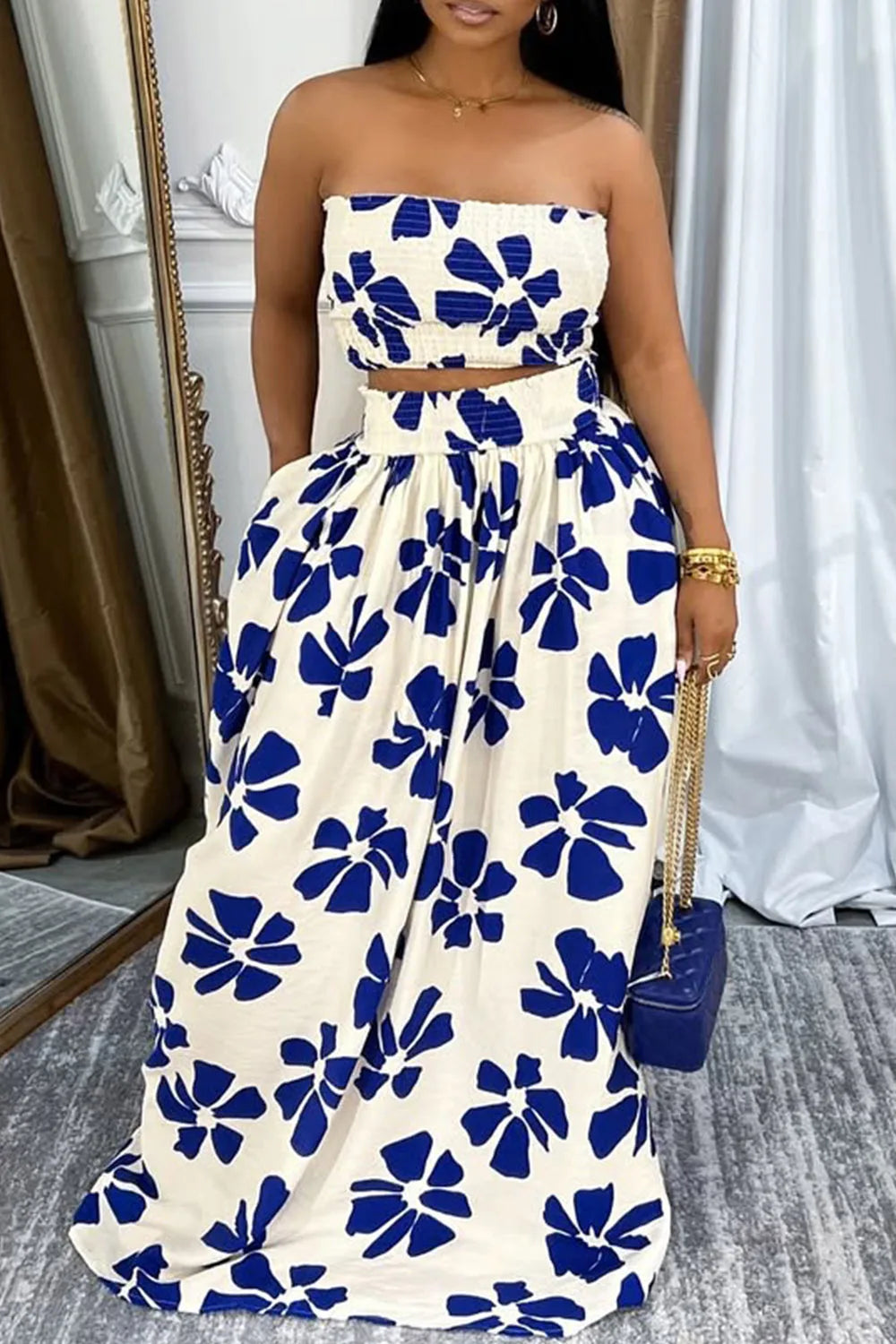 Plus Size Vacation Blue Graphic Pocket Smocking Two Piece Skirt Sets Blue