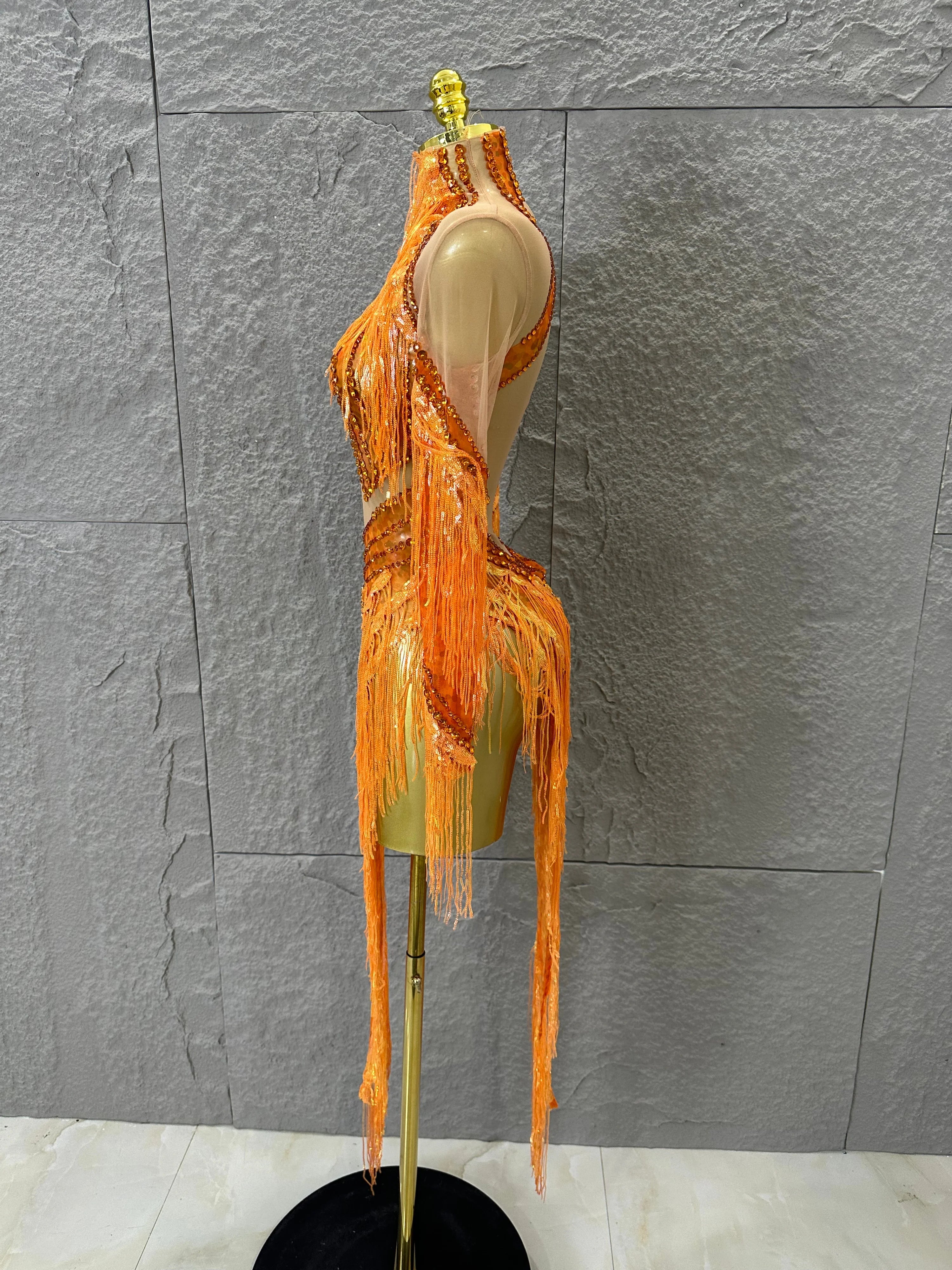 Sparkly Orange Rhinestone Fringe High Neck Dress Women Sheer Mesh Embellished Latin Dance Performance Costume