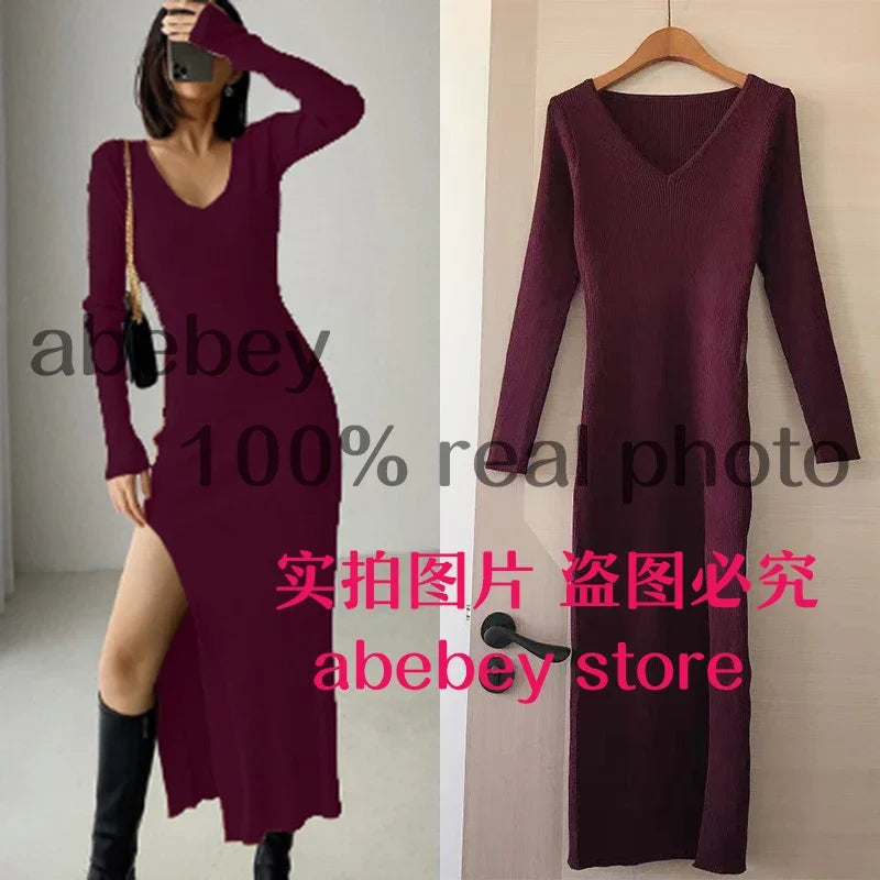 spring and winter sexy French slit sweater dress female slim tight-fitting hip-knit over-the-knee dresses Claret