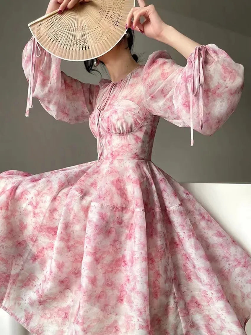 Chic French Elegant Spring Pink Printing Holiday Dress For Women Lace Up O Neck Lantern Sleeve Flower Chiffon High Waist Dresses