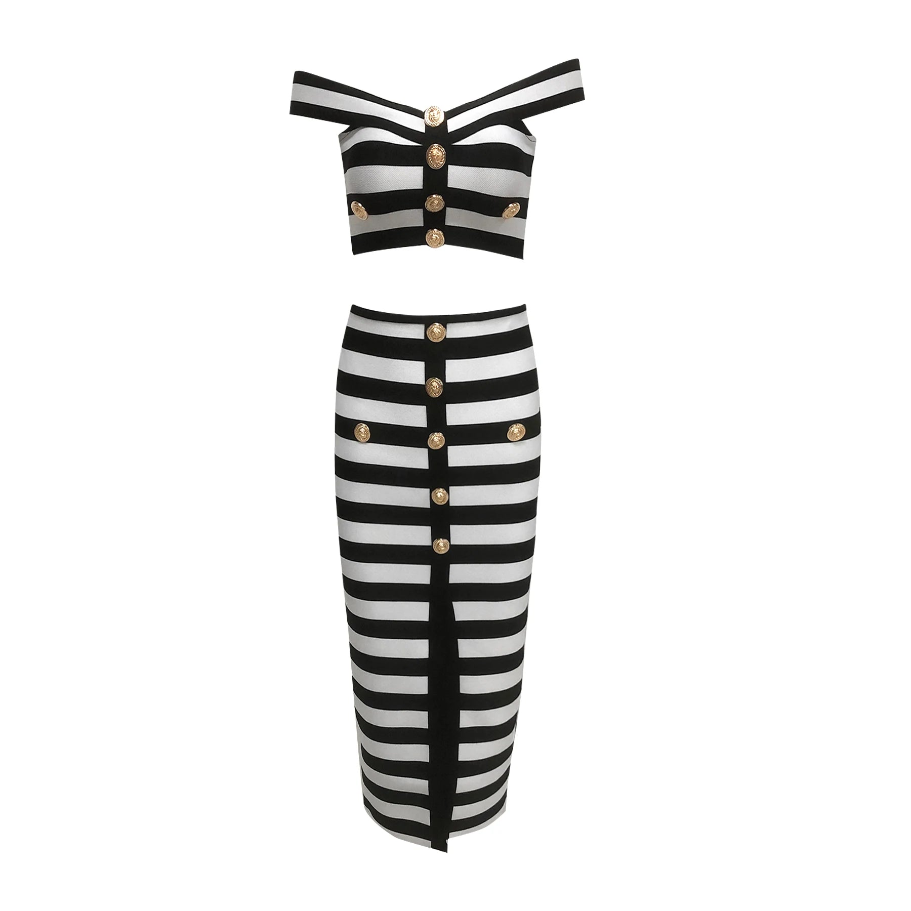 Stylish Black & White Color Block Off-Shoulder Striped Ensemble with Button Midi Dress Suit for Date Night Glam Gown AS PIC