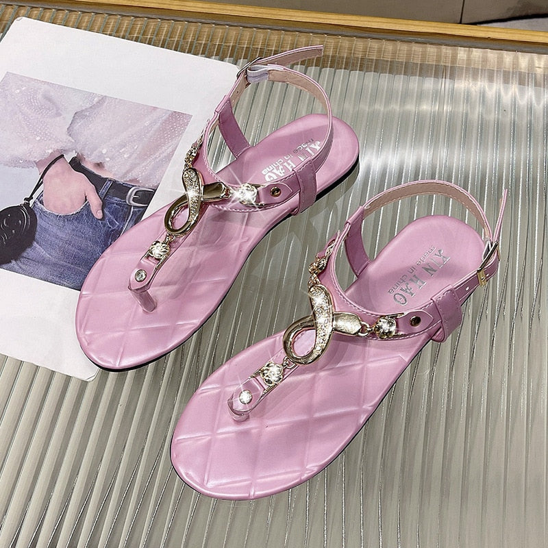 Summer Women Fashion Beach Wear Shoes Daily Wear Round Toe Rhinestone Decor Toe Post Beach Sandals Pink