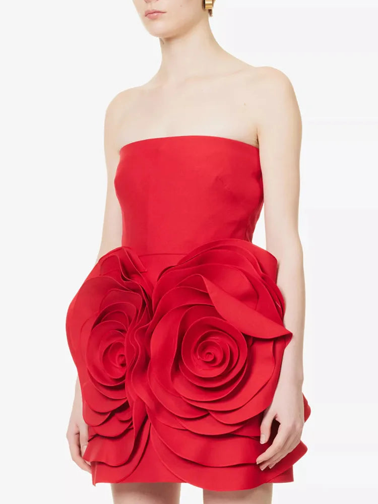 Women Celebrity Sexy Strapless Backeless Red Flower Mini Bodycon Bandage Dress Elegant Evening Club Party Dress