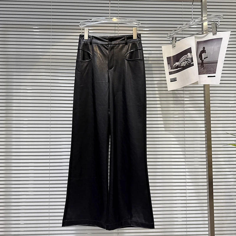 Winter New Fashion Three-Dimensional Solid Color PU Leather Casual Pants For Women High Waist Wide-Leg Pant 11A07679 Black