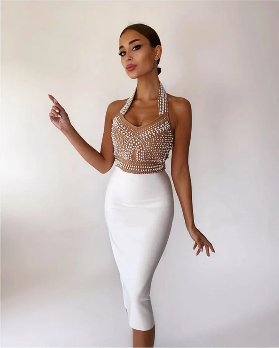 2023 Exquisite Pearl Beading Halter Bodycon Knee Lenght Dress Graceful Woman Hips Package Bandage Dress Evening Party Vestido