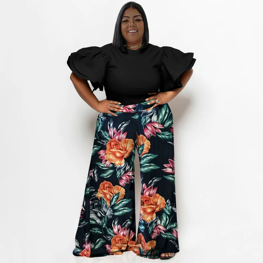 Plus Size Summer 2 Two Piece Set Women Ruffle Pleated Fashion Slim Ladies Blouses Floral Print Loose Pleated Woman Wide Leg Pant black