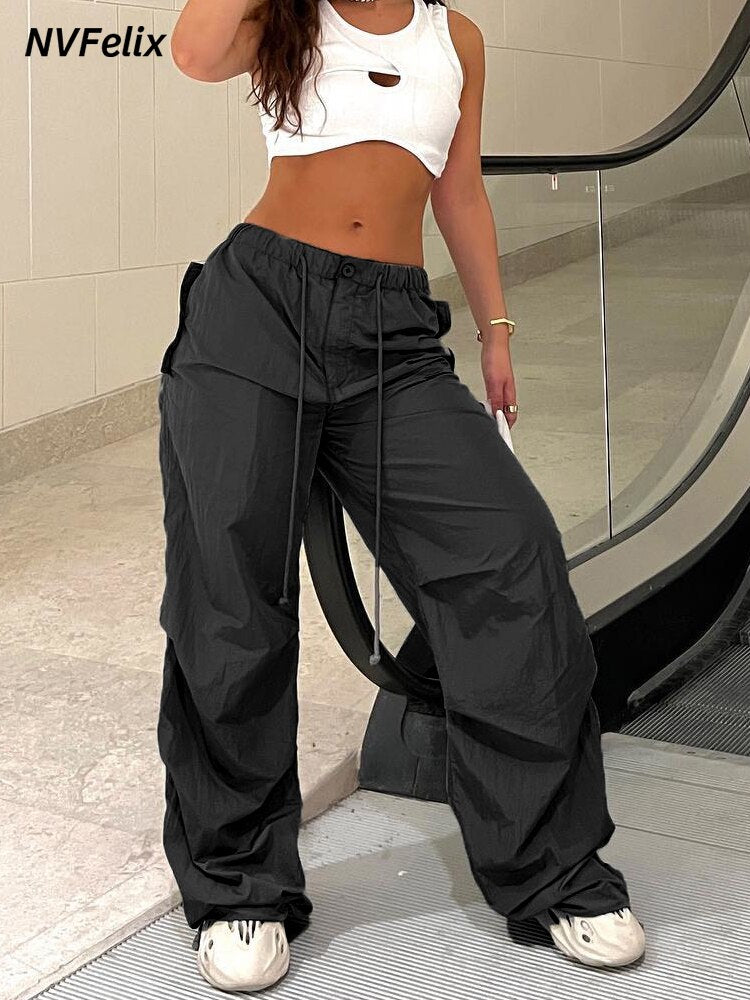 Straight Baggy Cargo Pants Women Y2K High Waist Aesthetic Drawstring Loose Pocket Casual Jogger Trousers Hippie Punk Streetwear