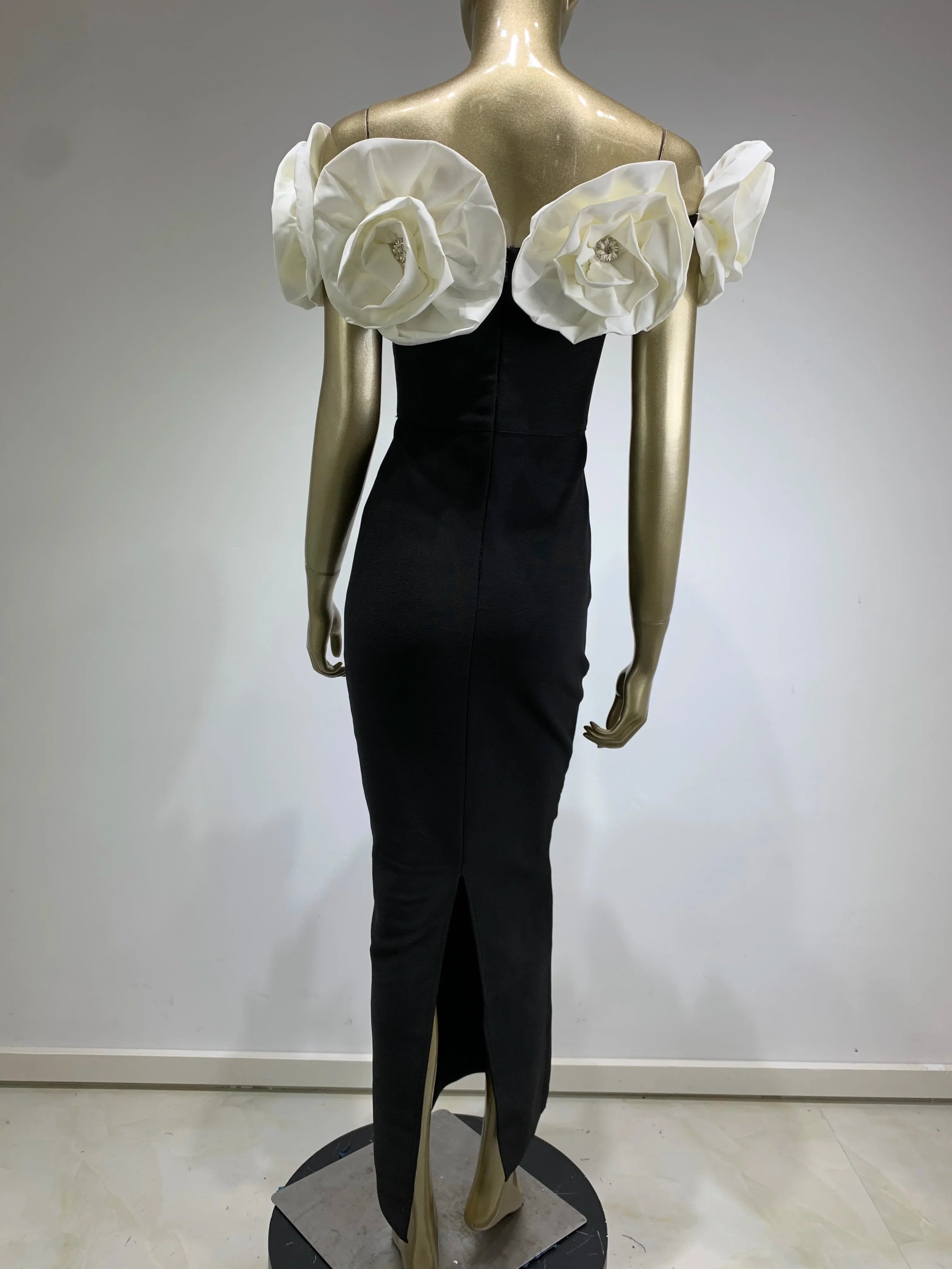 Women Celebrity Sexy Off Shoulder Flower Diamonds Black Maxi Long Bodycon Bandage Dress Elegant Evening Club Party Dress