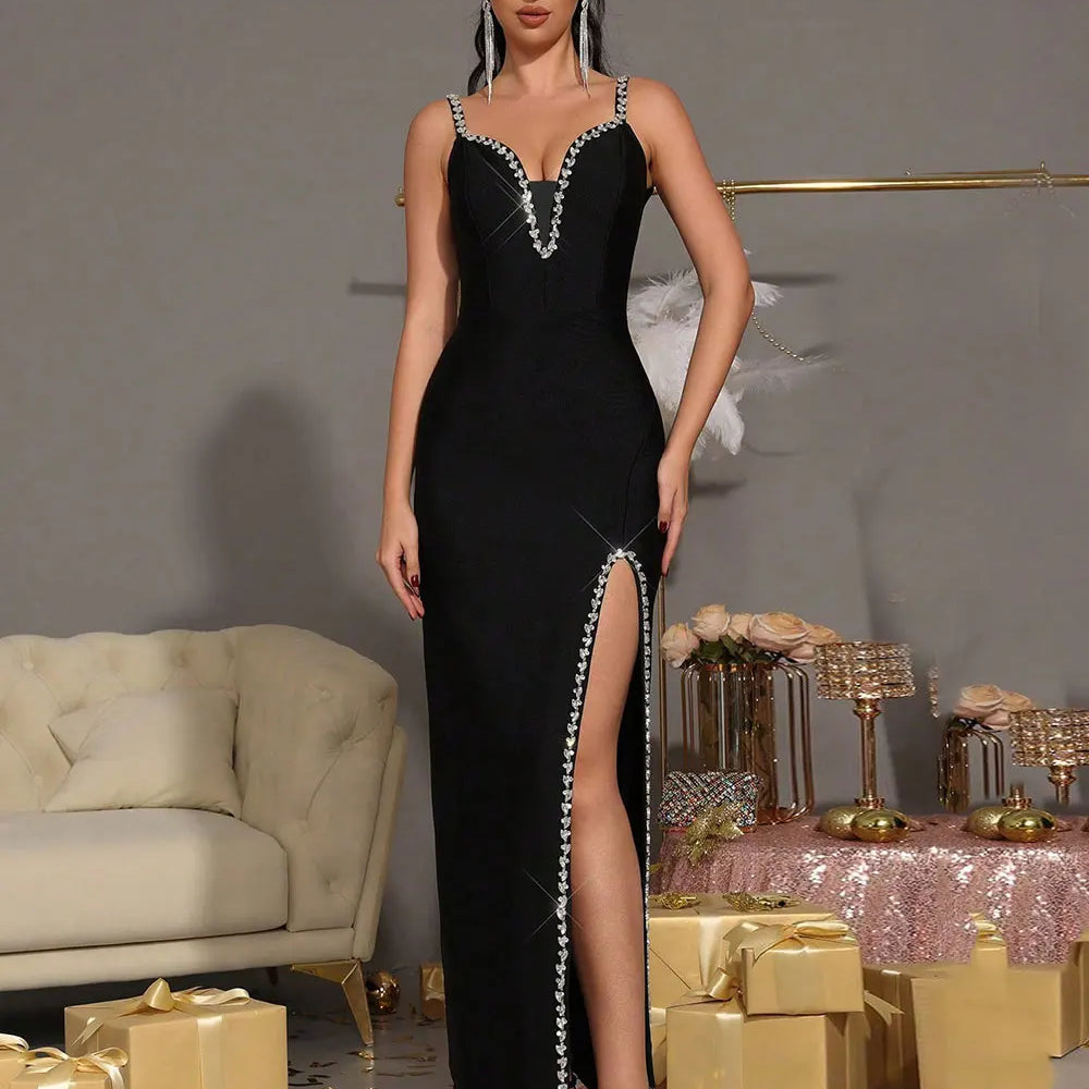 2025 Sexy Women's Nail Diamond Design Bandage Long Dress Spaghetti Strap Sleeveless Bodycon Split Dress Evening Party Vestidos black