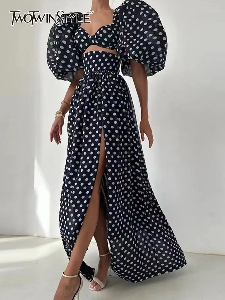 elegant Polka dot two piece sets square collar puff sleeve tops high waist split skirt chic set female fashion 2023