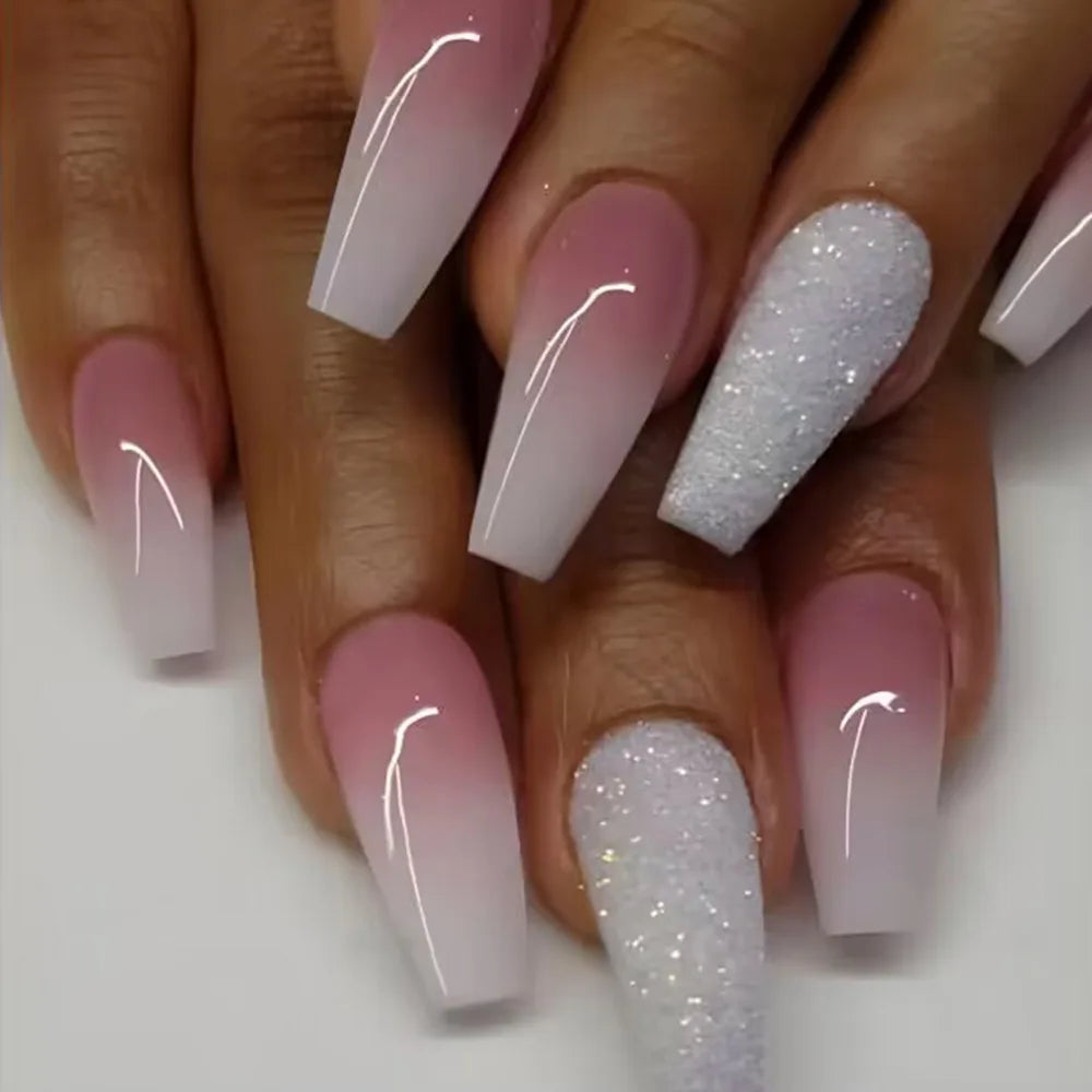24pcs/set Glitter fake nails for women girls super flash sparkling gradient pink black tips faux ongles press on false nail art 1101