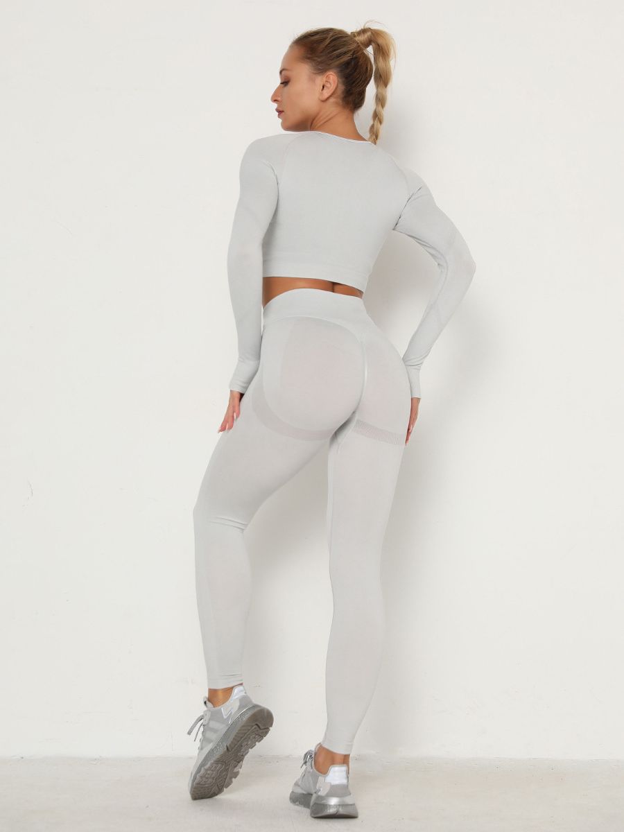 Women's Sets Skinny Tracksuit Breathable Bra Long Sleeve Top Seamless Outfits High Waist Push Up Leggings Gym Clothes Sport Suit New Set Light Grey