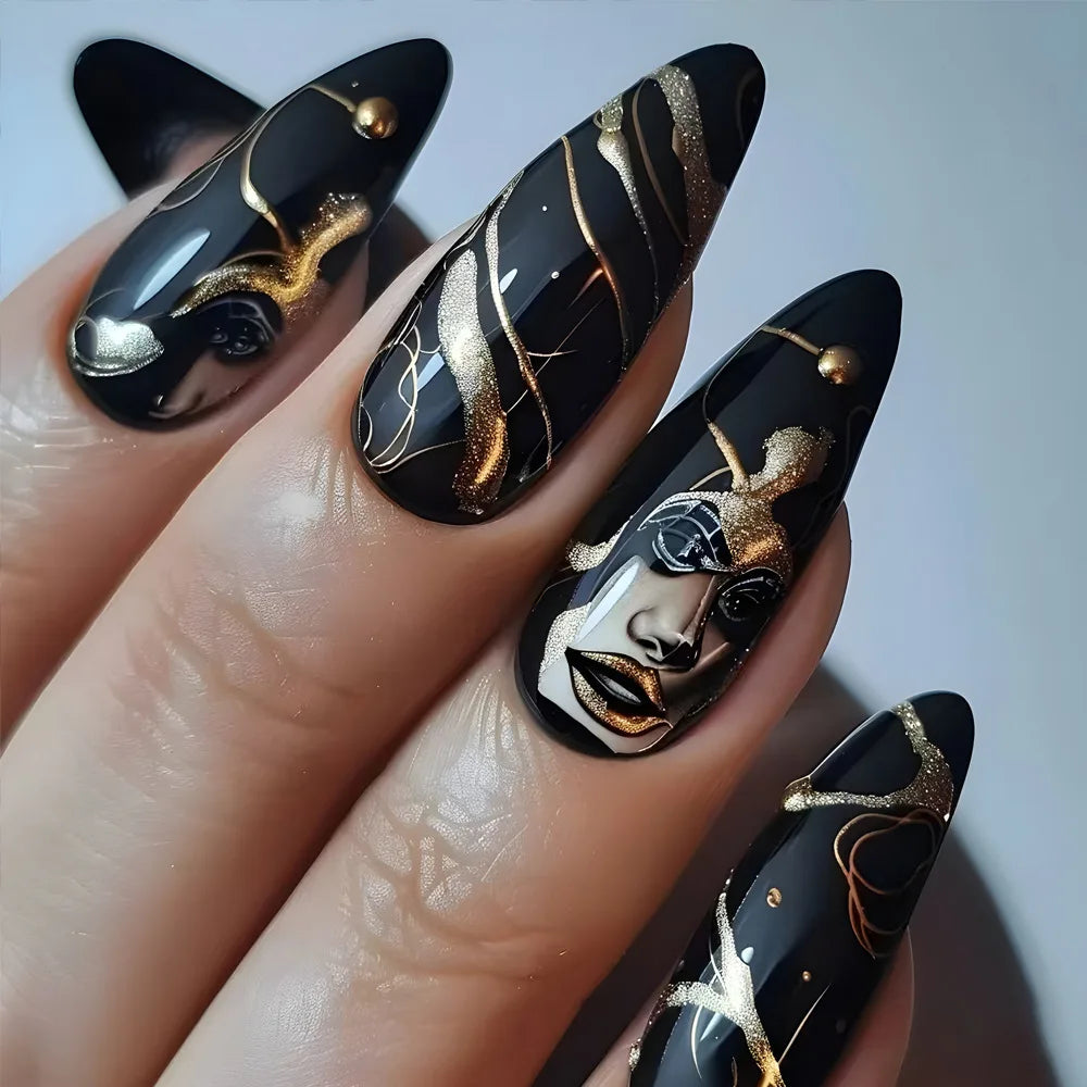 24Pcs Retro Press on Fake Nails Almond Oval Gold Star Nails Patch with Studded Diamond designs Detachable Cool Manicure Art Set 1
