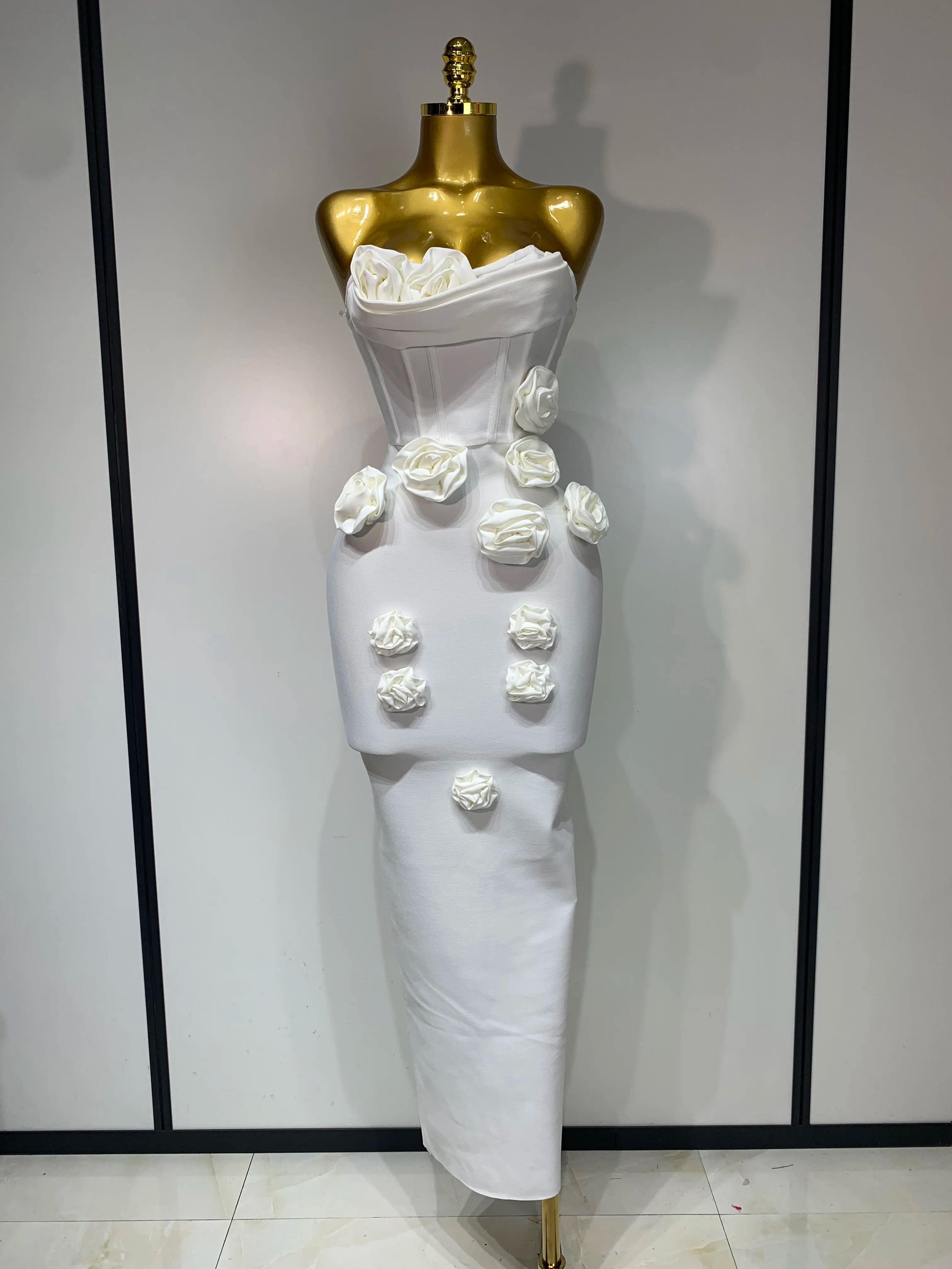 2025 Newest Women Sexy Strapless Backless Red Flower Midi Bandage Dress Celebirty Elegant Evening Club Party Birthday Dresses WHITE