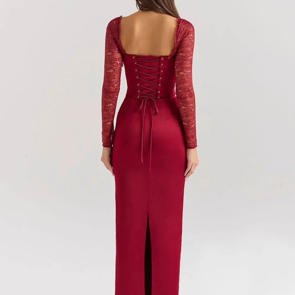 2024 Sexy Women Christmas Dress Strapless Lace Up Long Sleeved Bodycon Back Drawstring Design Long Dress Cocktail Party Vestidos