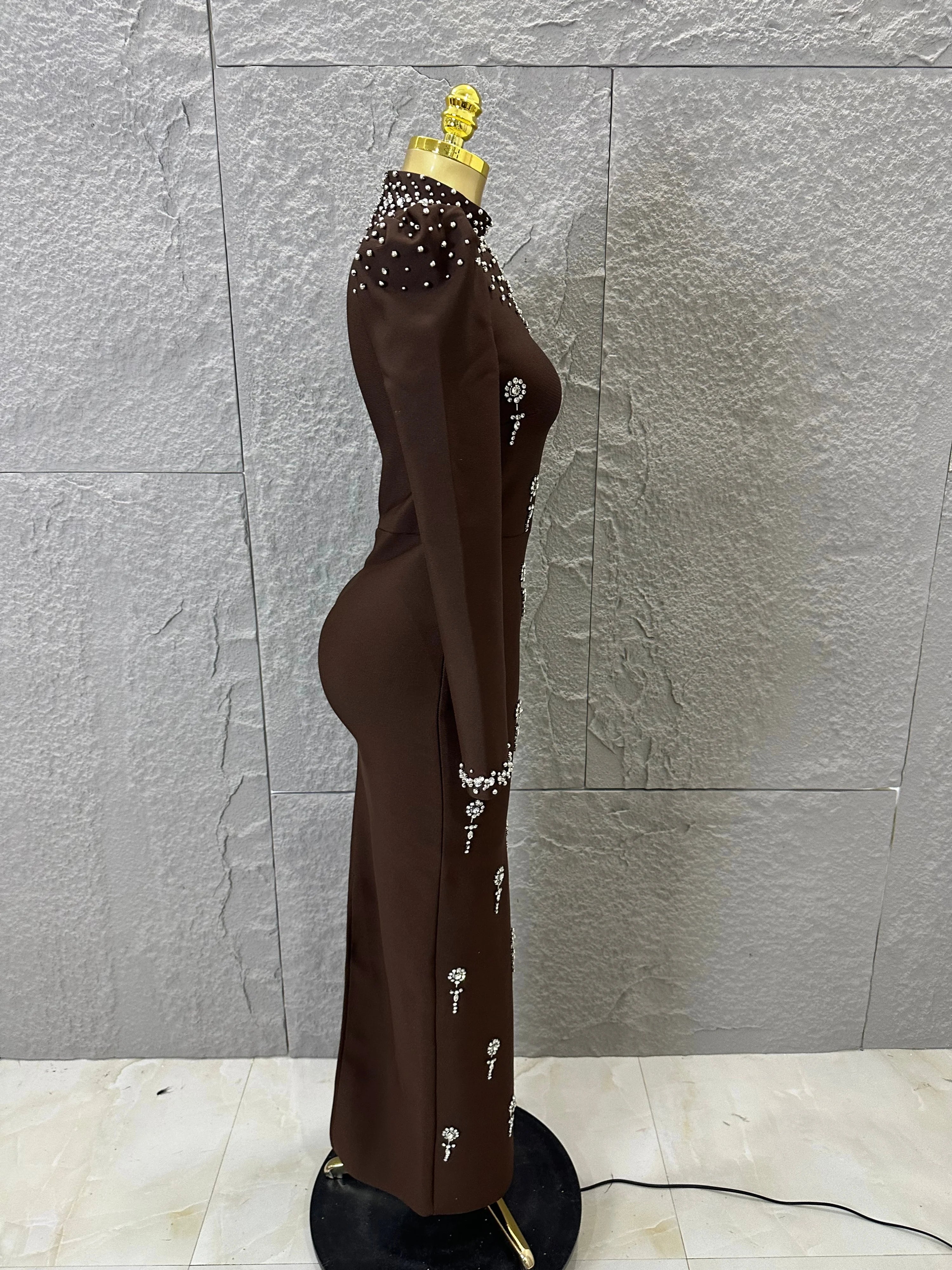 Sophisticated Brown High Neck Maxi Dress Women Sexy Long Sleeve Crystal Pearl Embellished Bodycon Outfit Cocktail Party Costume