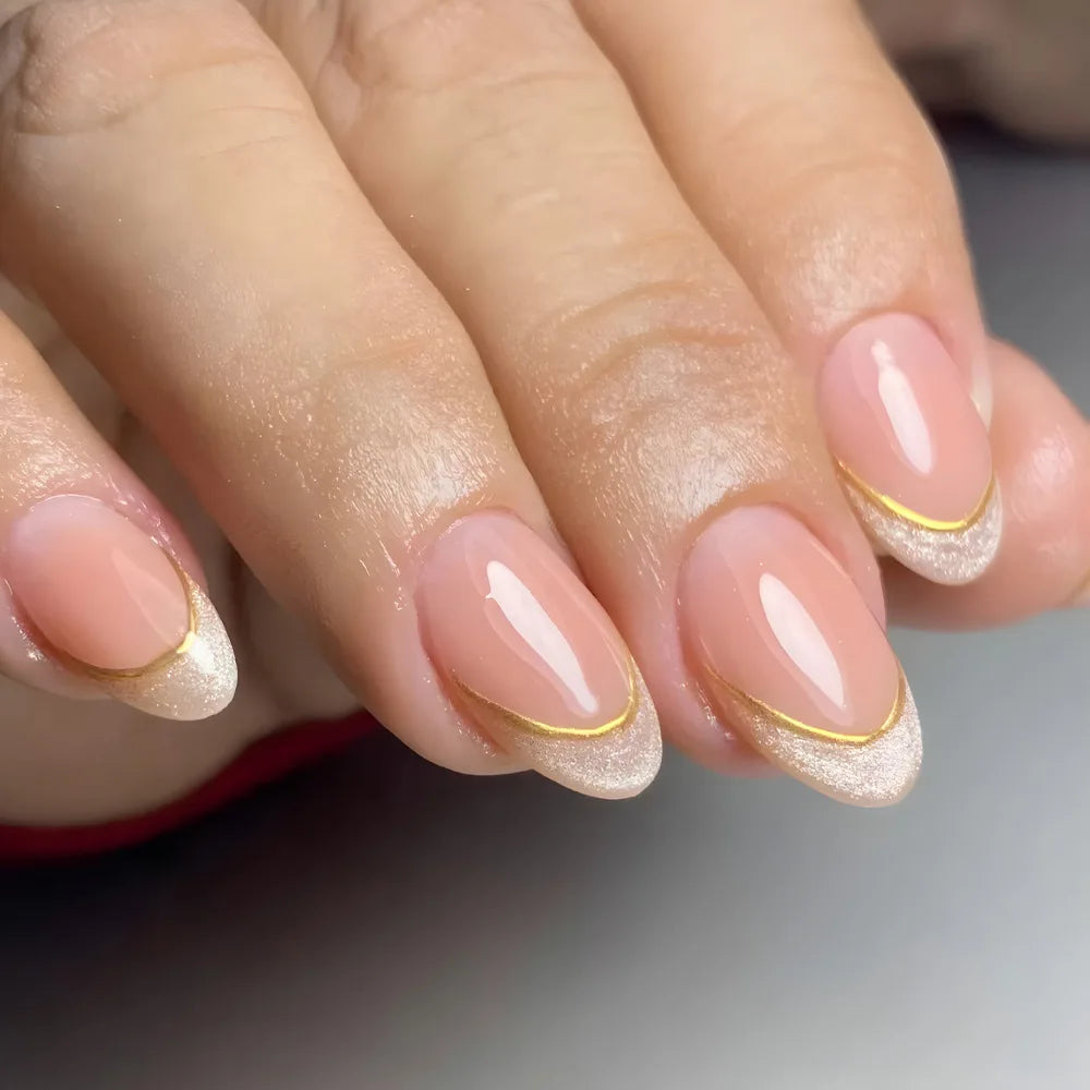 24Pcs Gradient Oval Fake Nails French Short Almond Glitter Nail Tips Art Pink Lovely Wearable Fashion Simple Nails Set Press On 4