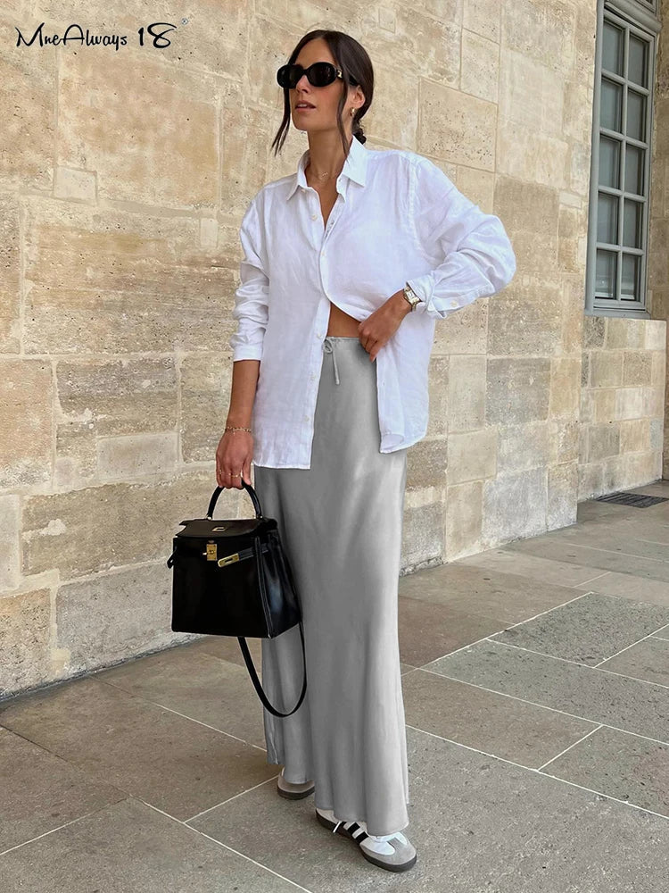 Mnealways18 Gray Drawstring Mermaid Satin Skirts Women Spring Summer Silky Ankle-Length Skirts Office Ladies Midi Skirts