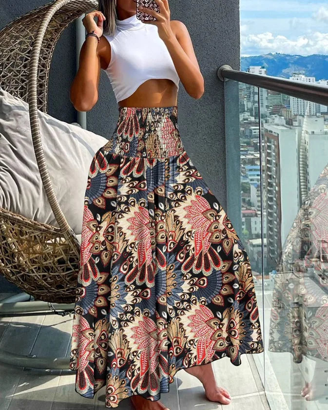 Women Fashion Bandanna Paisley Big Swing High Waist Maxi Skirt Streetwear 2024 Boho Vintage Casual Long Skirts Pink