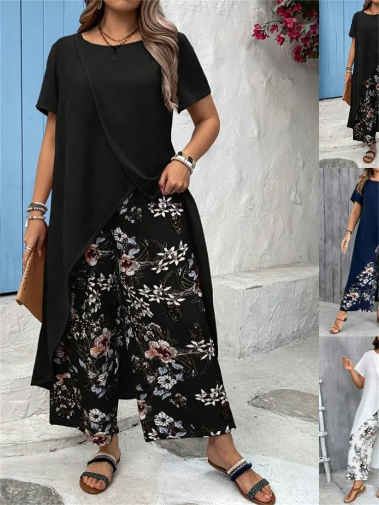 Wmstar Plus Size Two Piece Sets Women Wholesale Long Top and Print Wide Leg Summer Matching Suit Fashion Street Wear 2025 black