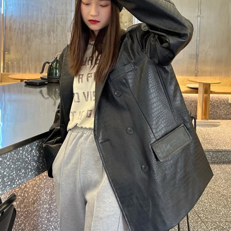 LautaroSpring Autumn Loose Casual Crocodile Print Faux Leather Blazer Jacket for Women Double Breasted Luxury Korean Fashion Black