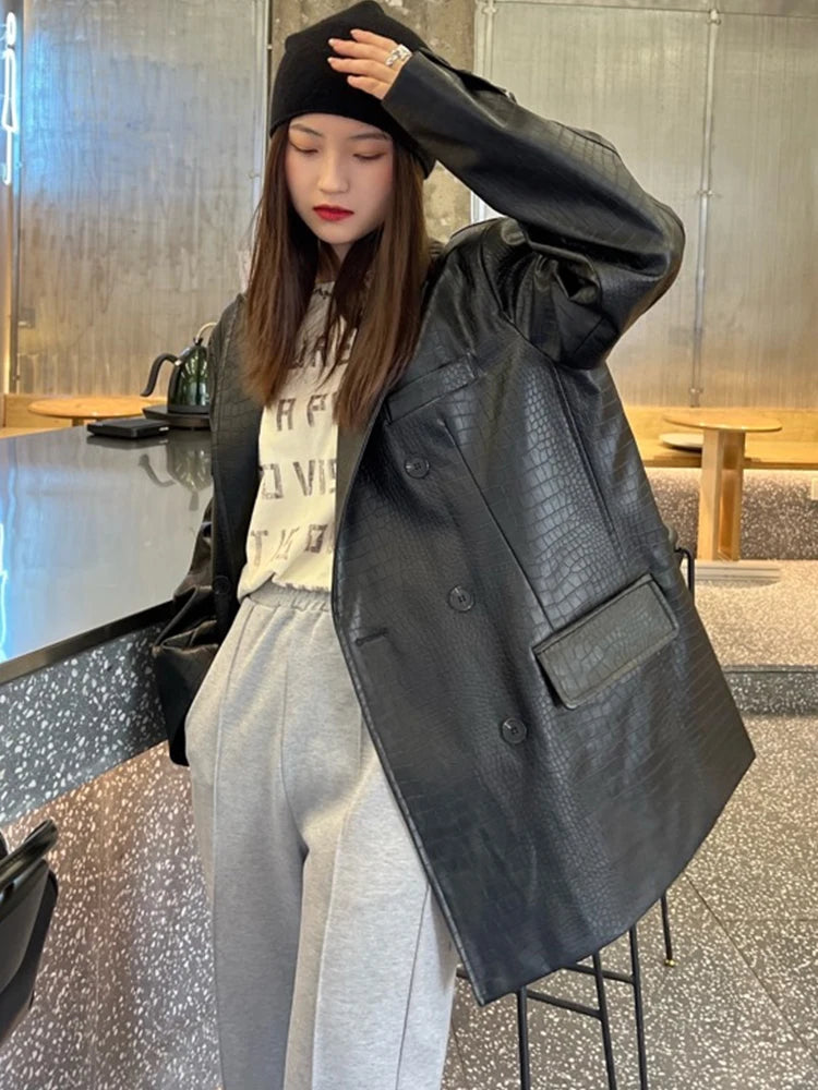LautaroSpring Autumn Loose Casual Crocodile Print Faux Leather Blazer Jacket for Women Double Breasted Luxury Korean Fashion Black
