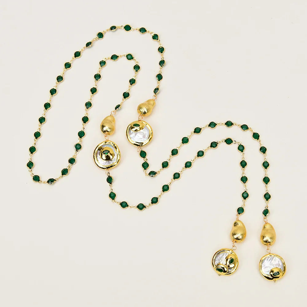 GG 46" Natural Cultured White Coin Pearl Green Crystal Paved Brushed Bead Long sweater chain Necklace