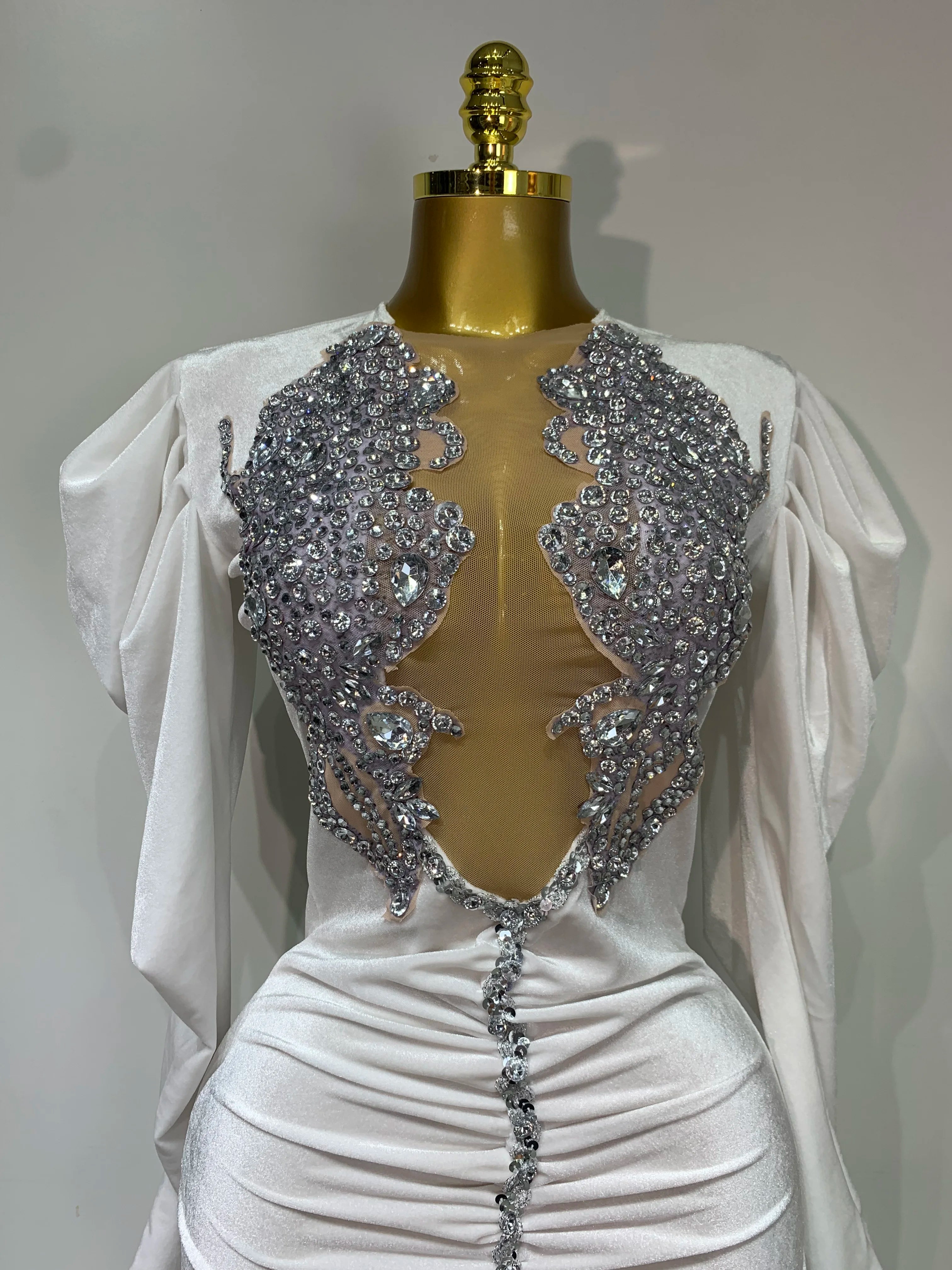 Sparkly Crystals Sexy Mesh Velvet Mini Dress 2025 Women White Elegant Evening Party Luxury Birthday Nightclub Stage Costume