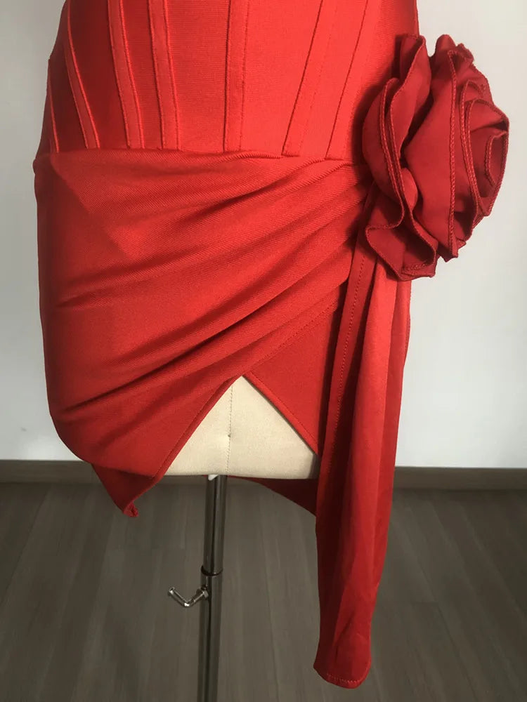 Women Celebrity Sexy Short Sleeve Red Flower Mini Flower Bodycon Bandage Dress 2025 Elegant Evening Club Party Outfit
