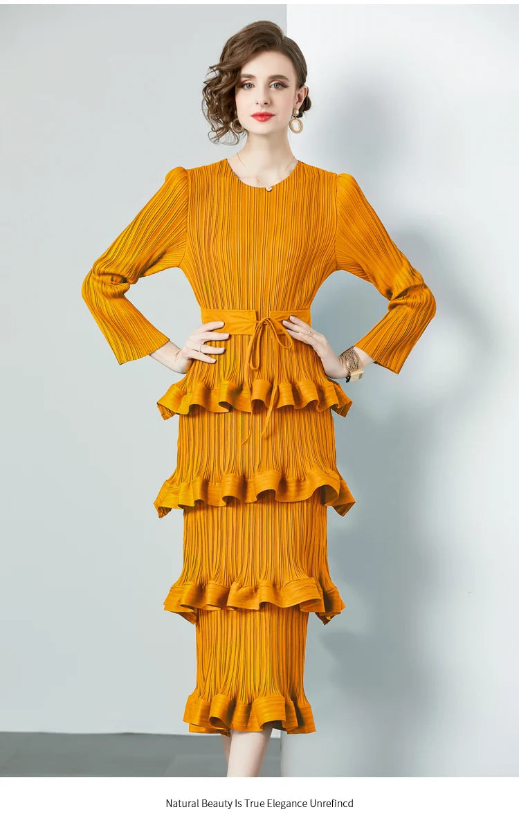 Miyake Multi-layer Cascading Pleated Dress Women O Neck Long Sleeve Solid Color Ruffles Cake Belt Dress Female Party Clothing yellow One Size
