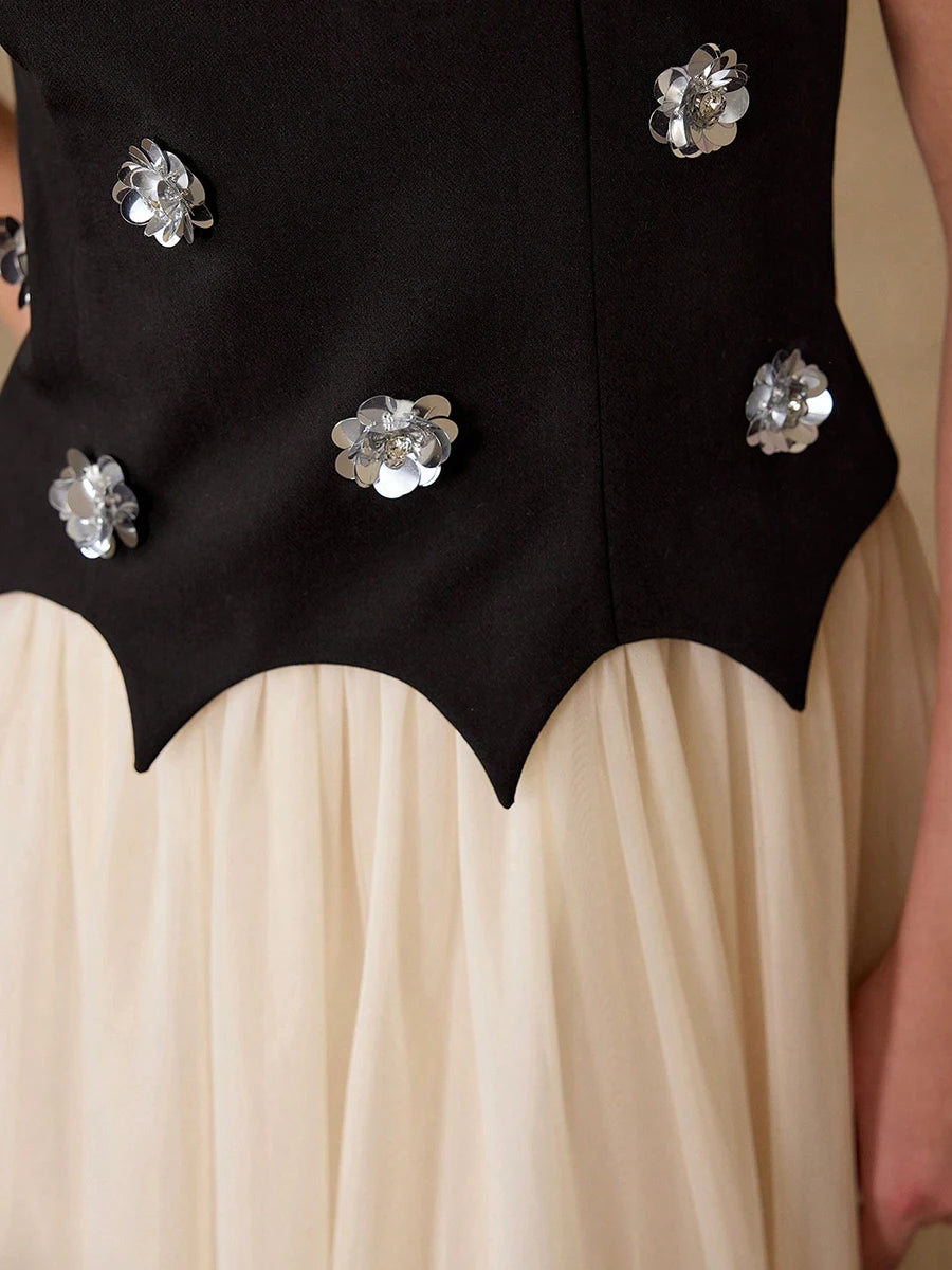 Hit Color Spliced Appliques Elegant Dresses for Women Round Neck Sleeveless Patchwork Mesh Dress Female Fashion New