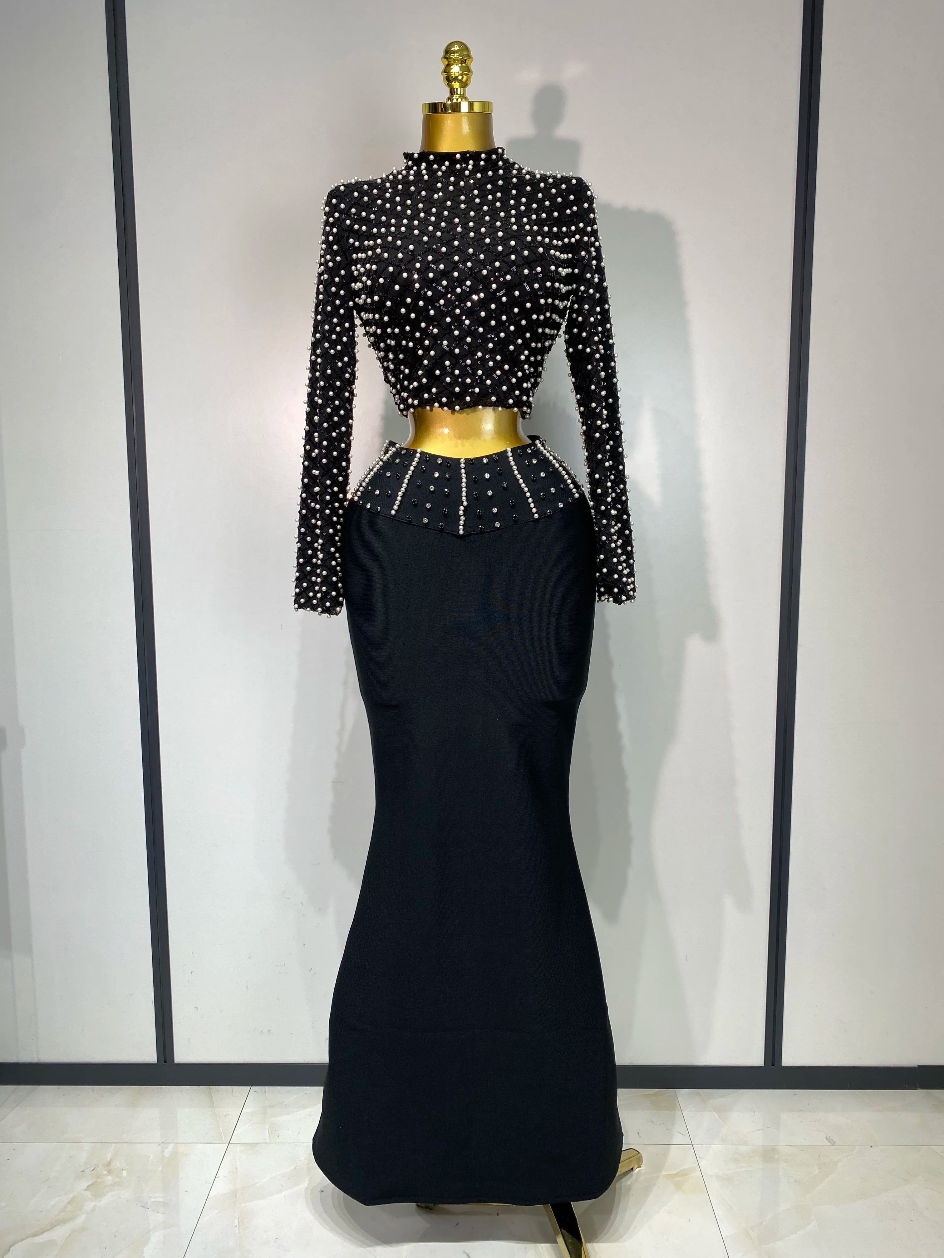 Women Long Sleeve Black Mesh Studded Dianonds Crystal Pearl Two Pieces Bandage Set Celebrity Sexy Evening Party Birthday Gown black