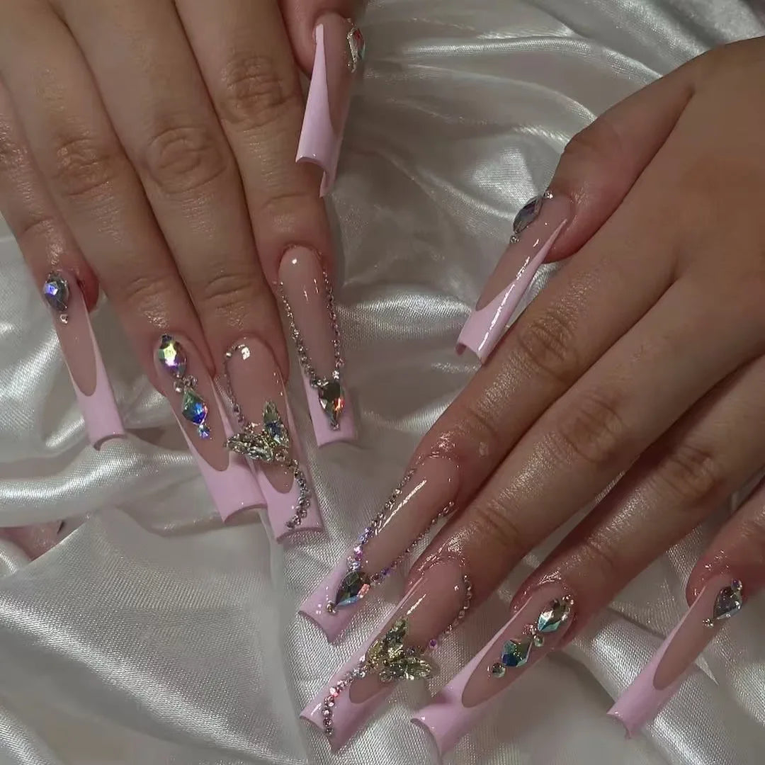 24Pcs Pink Press on Fake Nails Long Coffin with Love Broken Diamond Pearl Bowtie Design French Fake Nails Full Cover Nail Tips 4