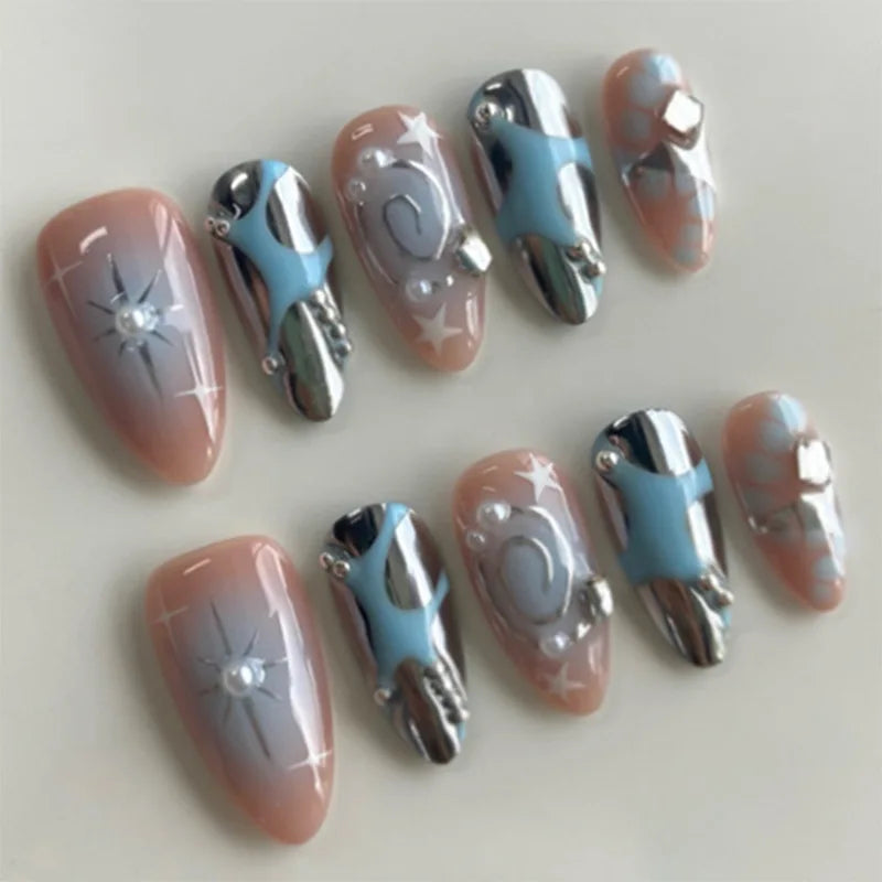 24Pcs Almond Fake Nail with Star and Moon Design Mid-length Round Head Press on False Nails Wearable Full Cover Nail Tips 1132