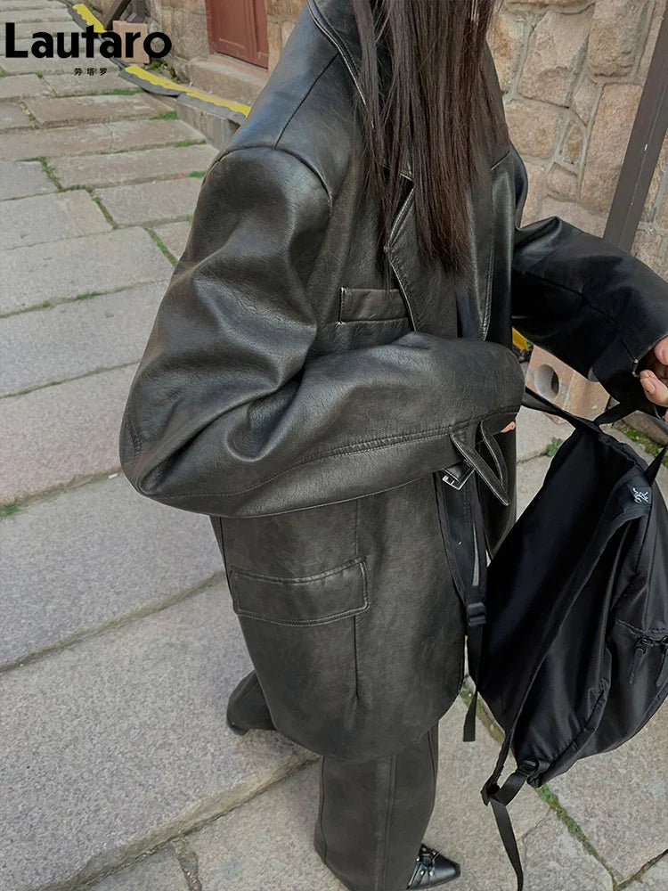 Spring Autumn Cool Retro Soft Distressed Pu Leather Blazer Jacket Women Single Breasted Loose Casual Korean Fashion 2024 Brown