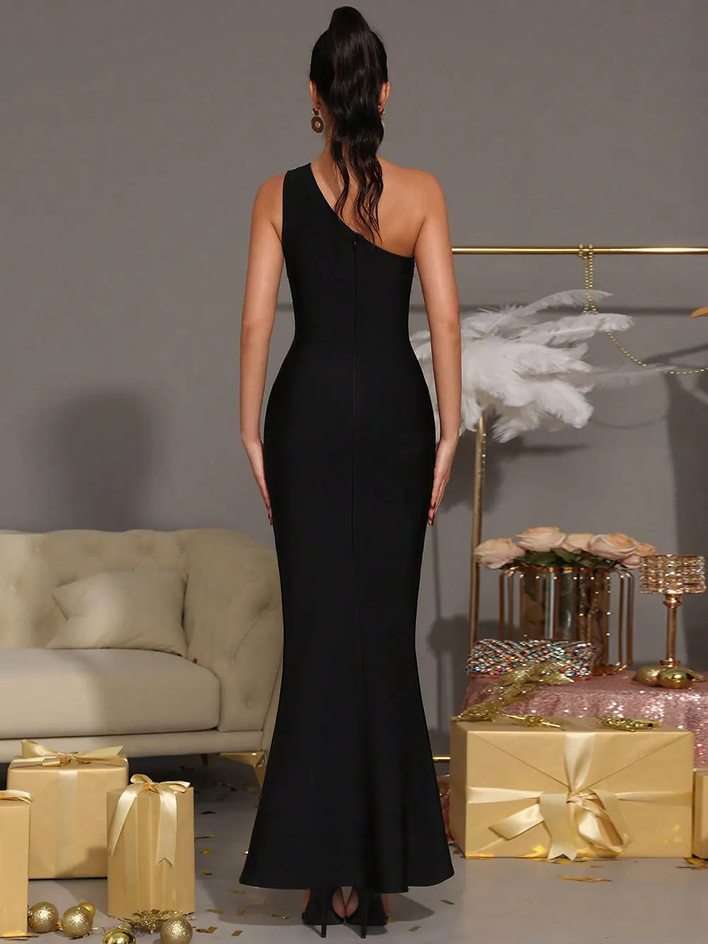 2025 Elegant Women Nail Bead Design Bandage Dress One Shoulder Sleeveless Bodycon Long Dress Cocktail Evening Club Party Vestido