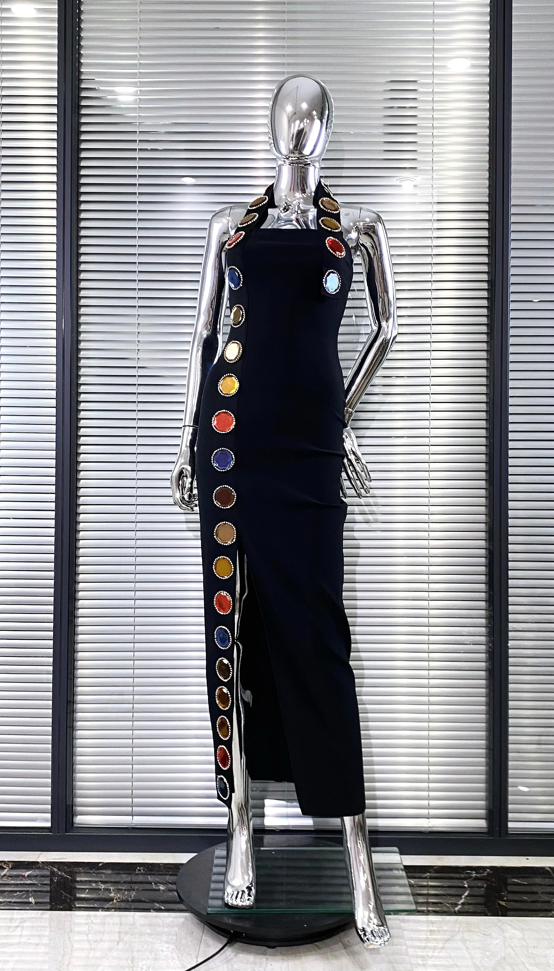 New Summer Special Design Shining Colorful Diamonds Sexy Halter Black Bandage Dress Woman Birthday Party Dress Club Party Outfit black