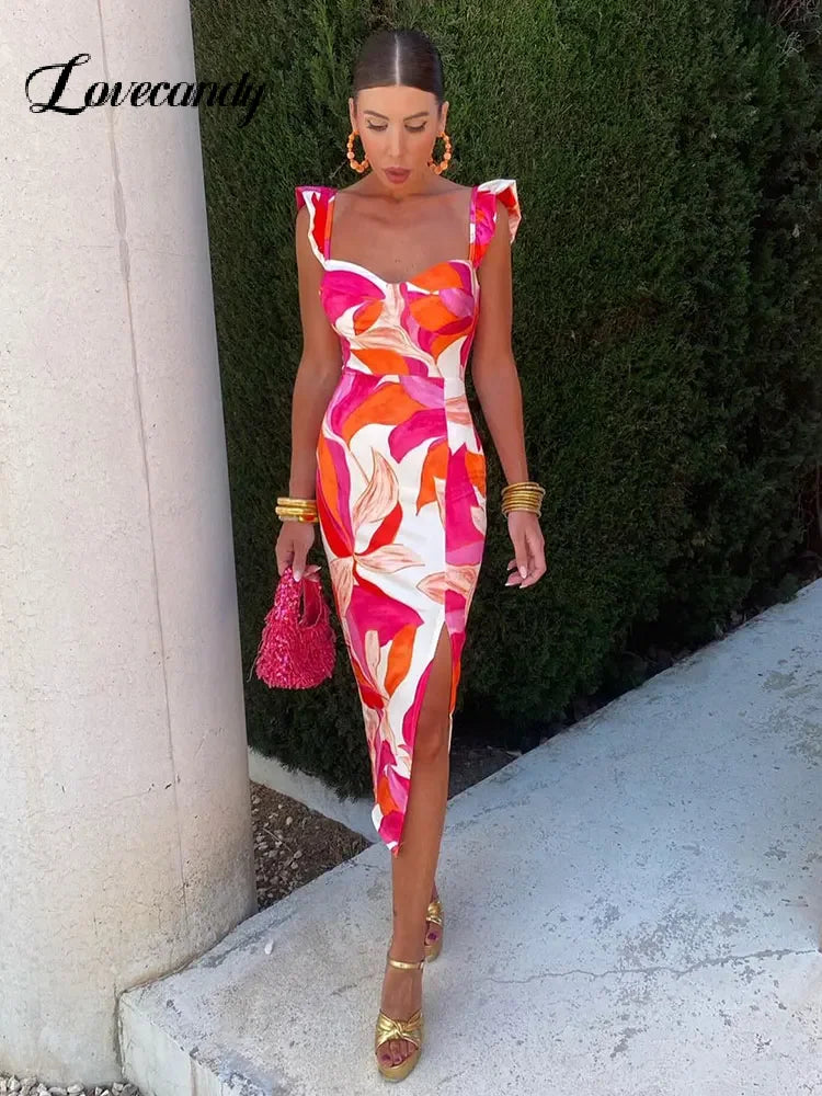 Fashion Print Fly Sleeve Midi Dress For Women Elegant Square Neck Sheath Split Dresses Female Vintage High Street Vestidos