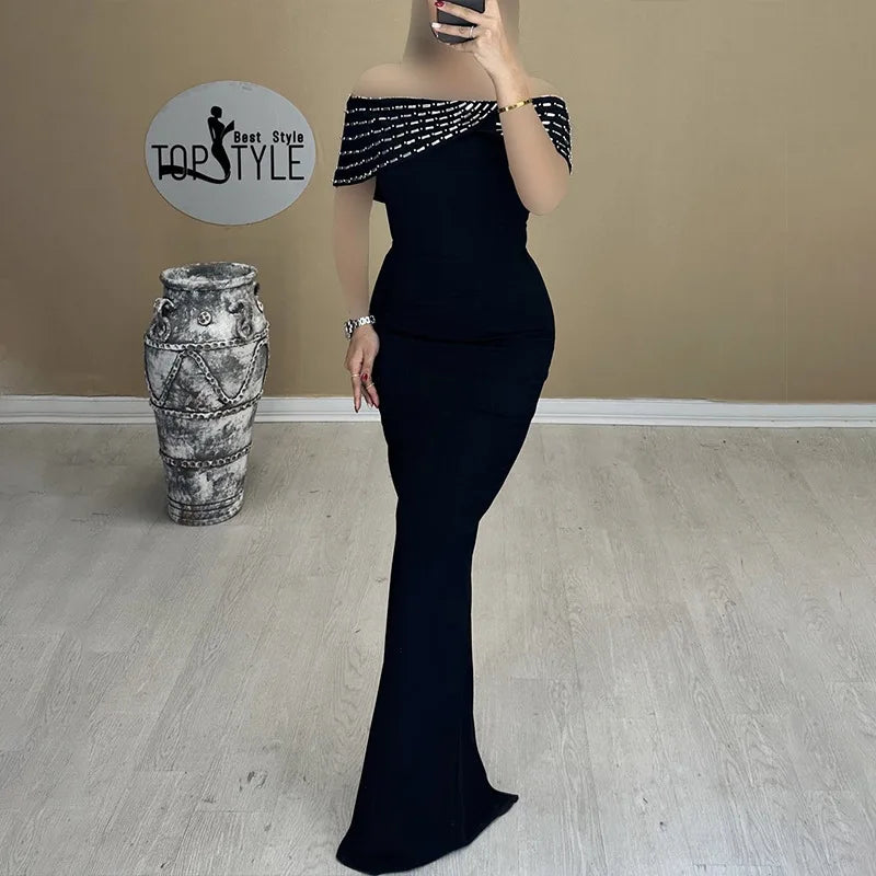 Black Color Women Sexy Slash Neck Shinning Crystal Bodycon Long Bandage Dress Elegant Evening Party Cocktail Red Carpet Dress