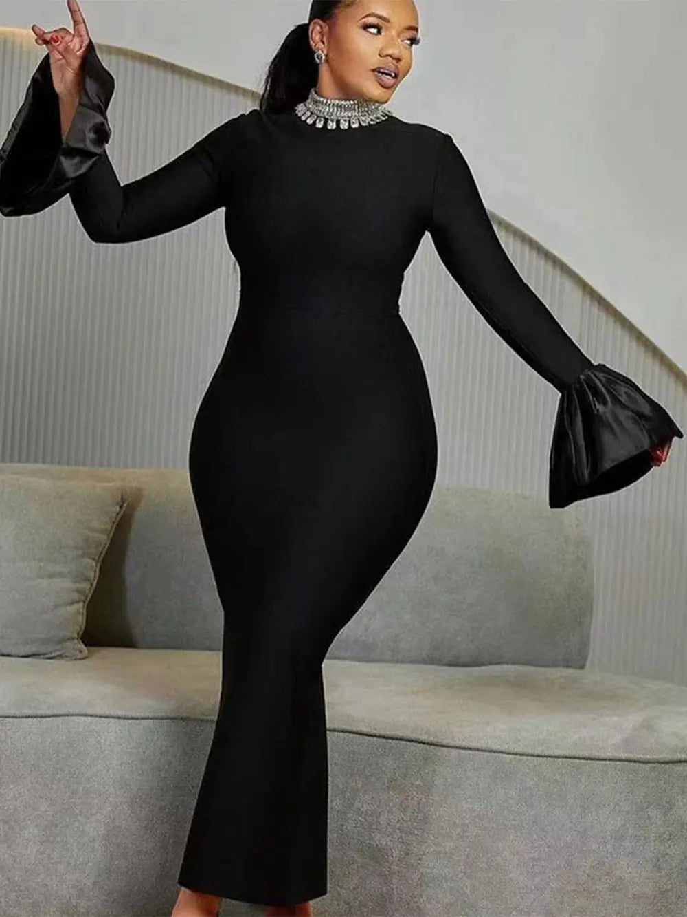 2024 Women's Light Luxury Beaded Elegant Bandage Dress Stand Collar Horn Sleeve Bodycon Long Dresses Evening Club Party Vestidos