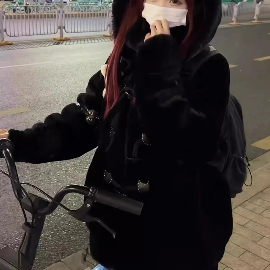 Lautaro Autumn Winter Oversized Soft Thick Warm White Faux Fur Hoodie Women with Bear Ears Horn Buttons Punk Style Fluffy Jacket