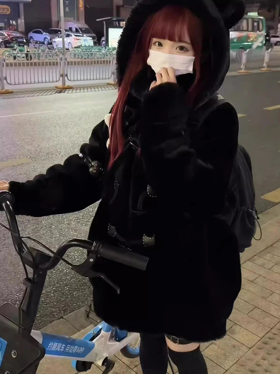 Lautaro Autumn Winter Oversized Soft Thick Warm White Faux Fur Hoodie Women with Bear Ears Horn Buttons Punk Style Fluffy Jacket