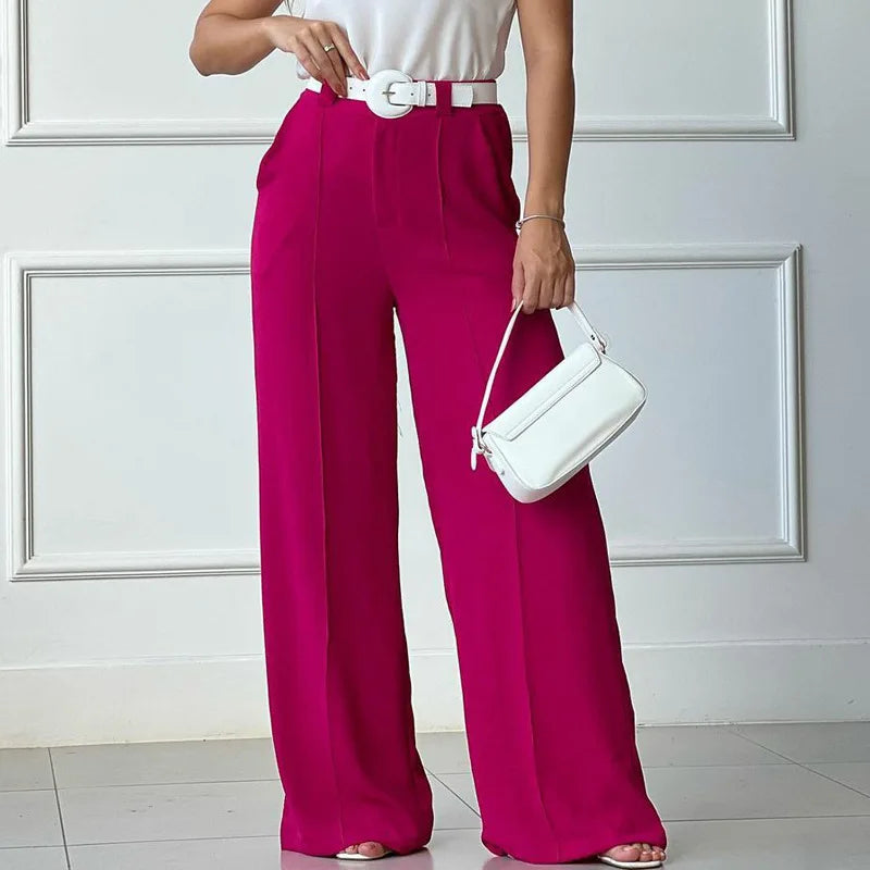 Spring Summer Solid Color Fashion Casual Pants Women's High Waisted Wide Leg Pants Rose Red