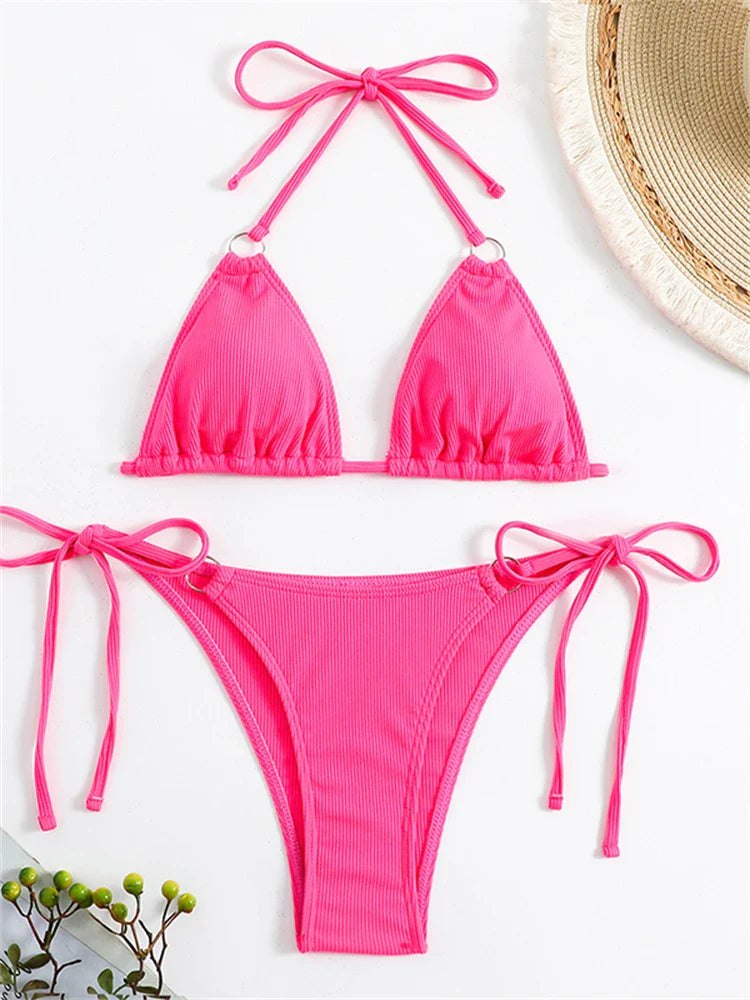 Bikini Women Swimsuit New Solid Ribbed Halter Bikinis Set Sexy Lace Up Swimwear Summer Two Piece Beach Bathing Suit Female Pink