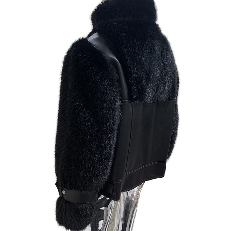 Lautaro Winter Cool Thick Warm Color Block Faux Fur Coat Men Stand Collar Luxury Zip Up Fluffy Jacket Runway European Fashion