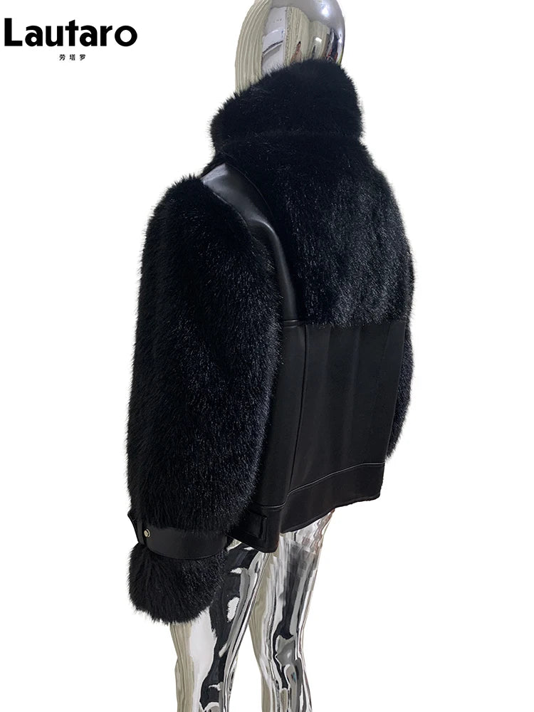 Lautaro Winter Cool Thick Warm Color Block Faux Fur Coat Men Stand Collar Luxury Zip Up Fluffy Jacket Runway European Fashion