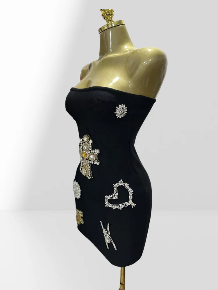 2025 Summer Luxury Diamonds Cross Strapless Sheath Black Bandage Mini Dress Fashion Woman Party Dress Music Festival Outfit