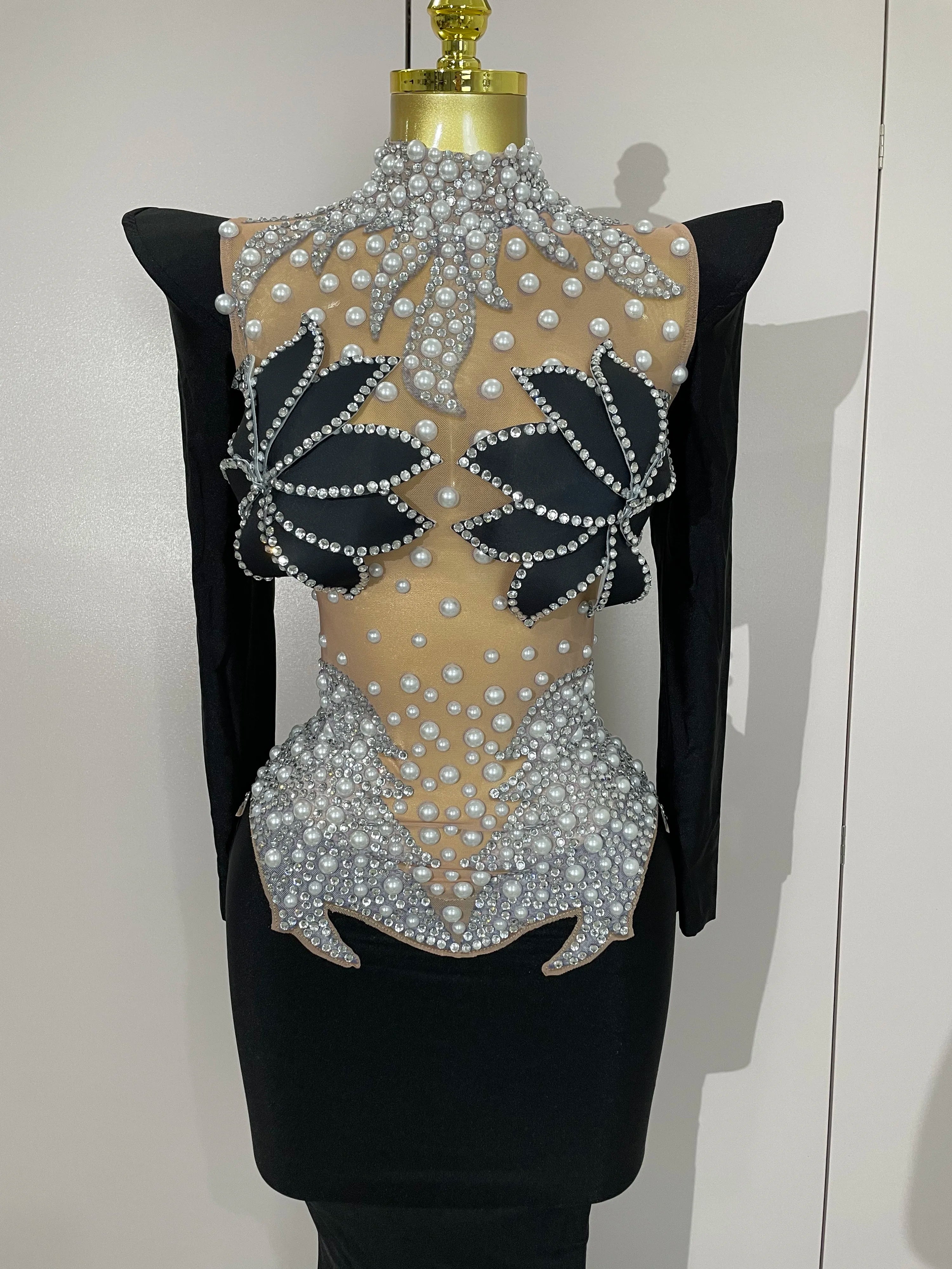 Sparkly Diamonds Pearl Black Sexy See Through Mesh Long Dress Women Wedding Evening Luxury Birthday Party Stage Photoshoot Dress