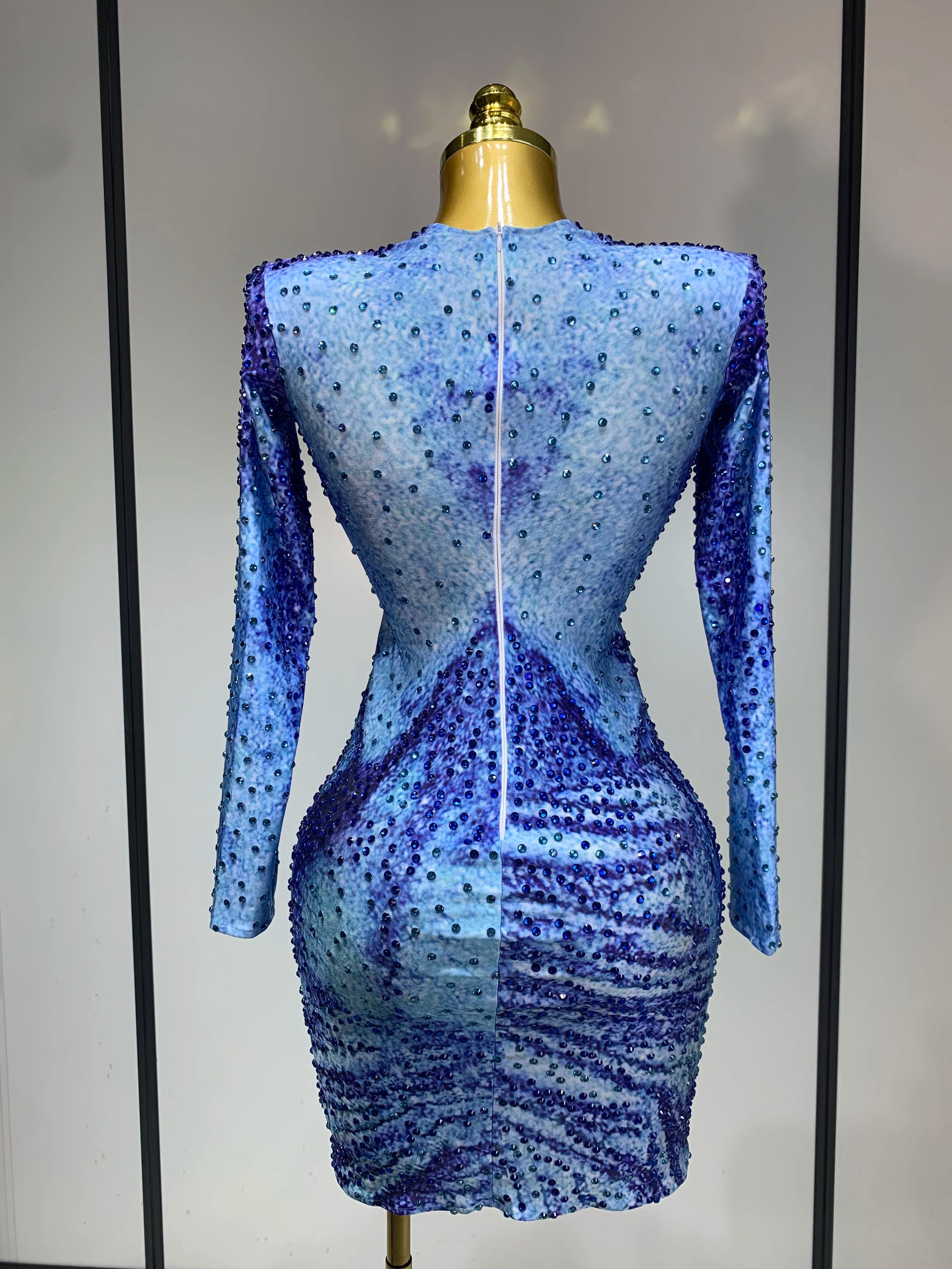 Ladies Sexy Sparkly Rhinestones Blue Long Sleeve Short Dress Women Evening Luxury Birthday Party Nightclub Singer Stage Outfit