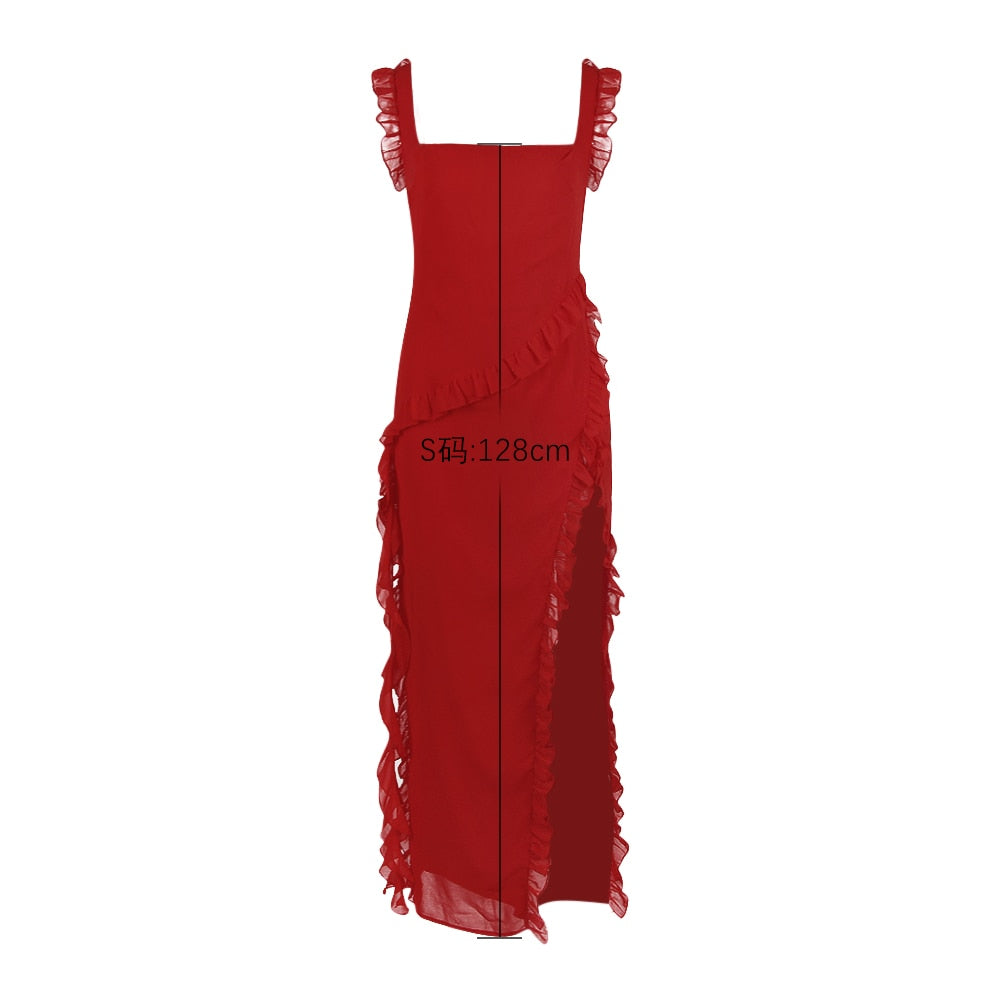 Sexy Slit Long Dress Red Chiffon Skirt Summer Sleeveless Falbala Dresses for Women 2024 Traf Formal Occasion Dresses Vestido